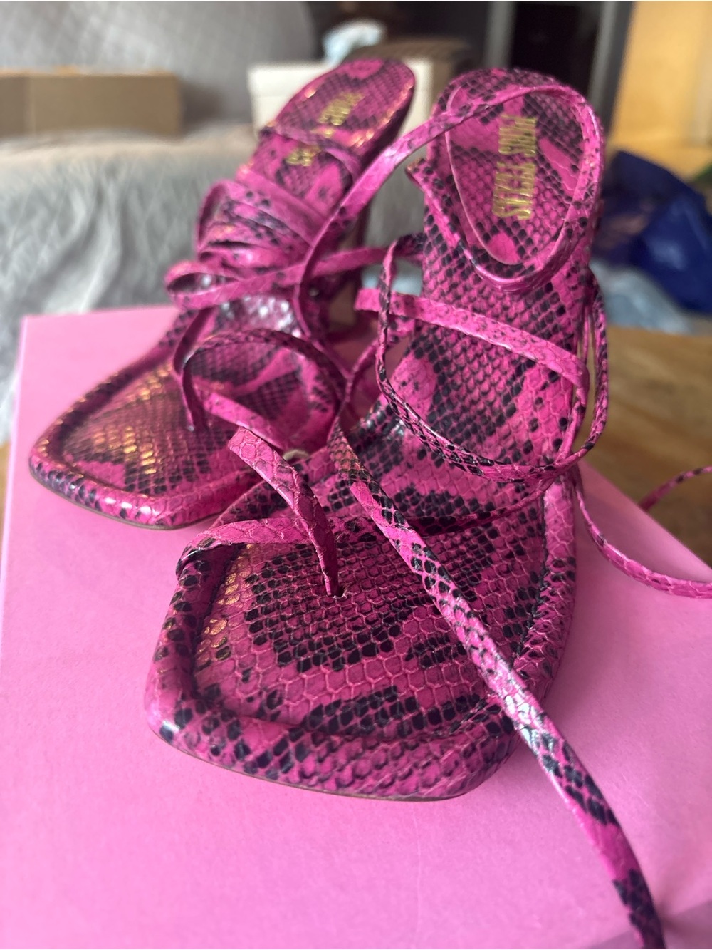 Paris Texas Hot Pink Snakeskin Lace-Up Heeled Sandals